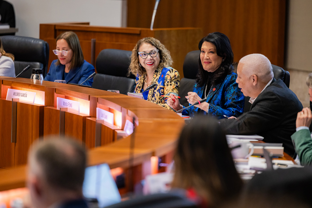Chancellor García takes the helm at the January 2024 meeting of the CSU Board of Trustees.