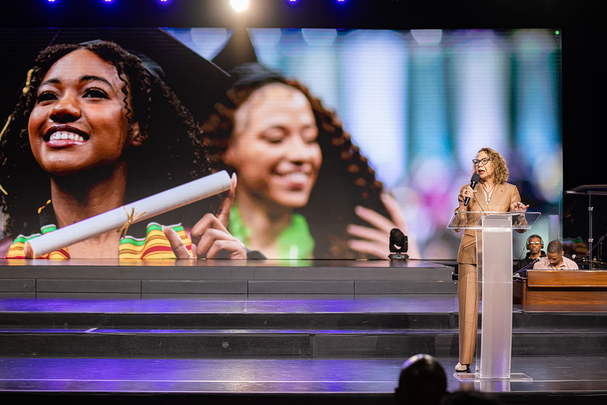 Chancellor Mildred García spoke at the services at Faithful Central Bible Church in Inglewood, California for CSU Super Sunday February 25, 2024.