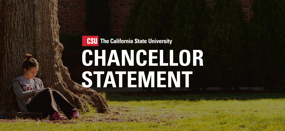 Student sitting against a tree on campus with the copy "Chancellor Statement" across the center.,