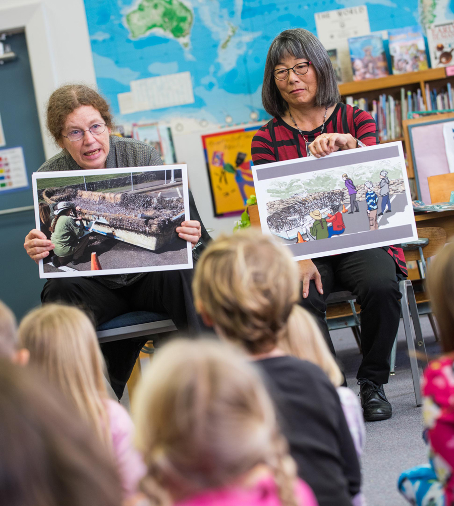 Dr. Lori Dengler and Amy Uyeki, artist, animator and HSU research associate, tell the story of the Japanese tsunami boat.