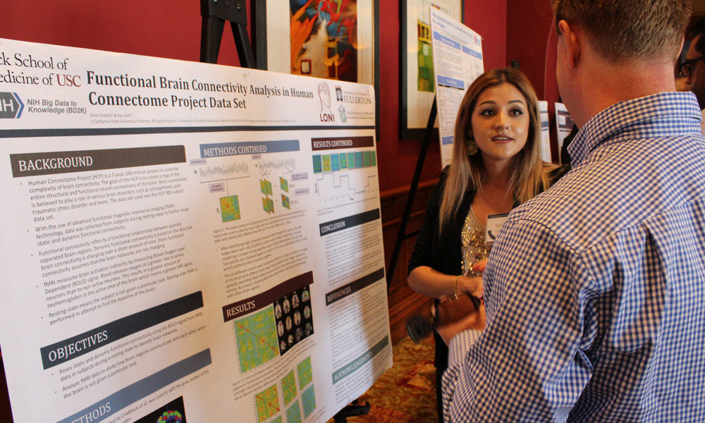 Cal State Fullerton students interacting in front of a presentation board