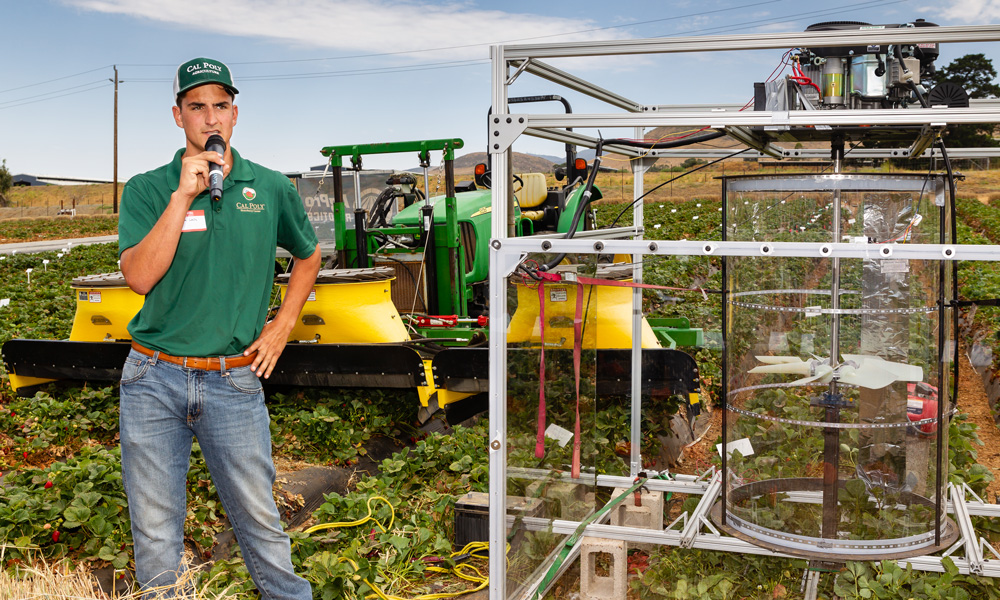 Bioresource and agricultural engineering (BRAE) senior Jack Wells discussing his research equipment
